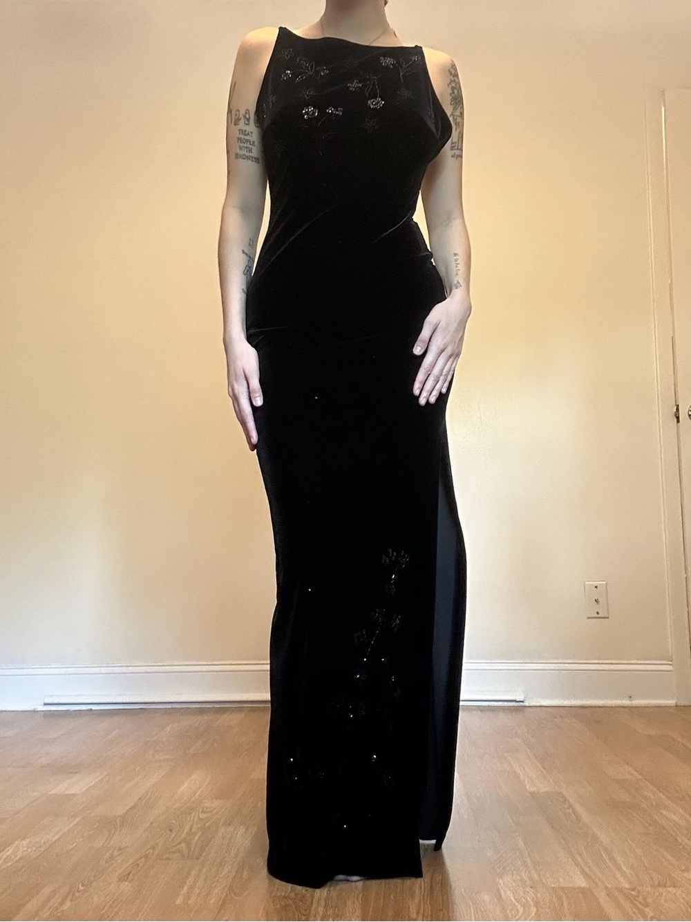 Black Bedazzled Velvet Evening Gown